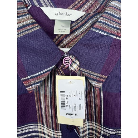 New With Tags! CJ Banks purple navy brown plaid button up, Women’s XL casual - Picture 4 of 8